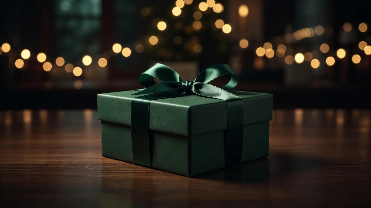 Pacco regalo verde scuro su un tavolo con luci soffuse sullo sfondo