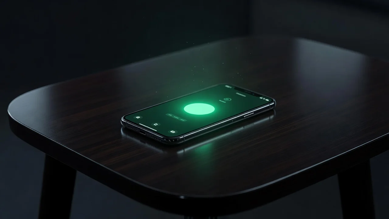 Smartphone con grande pulsante verde luminoso sullo schermo appoggiato sul tavolo