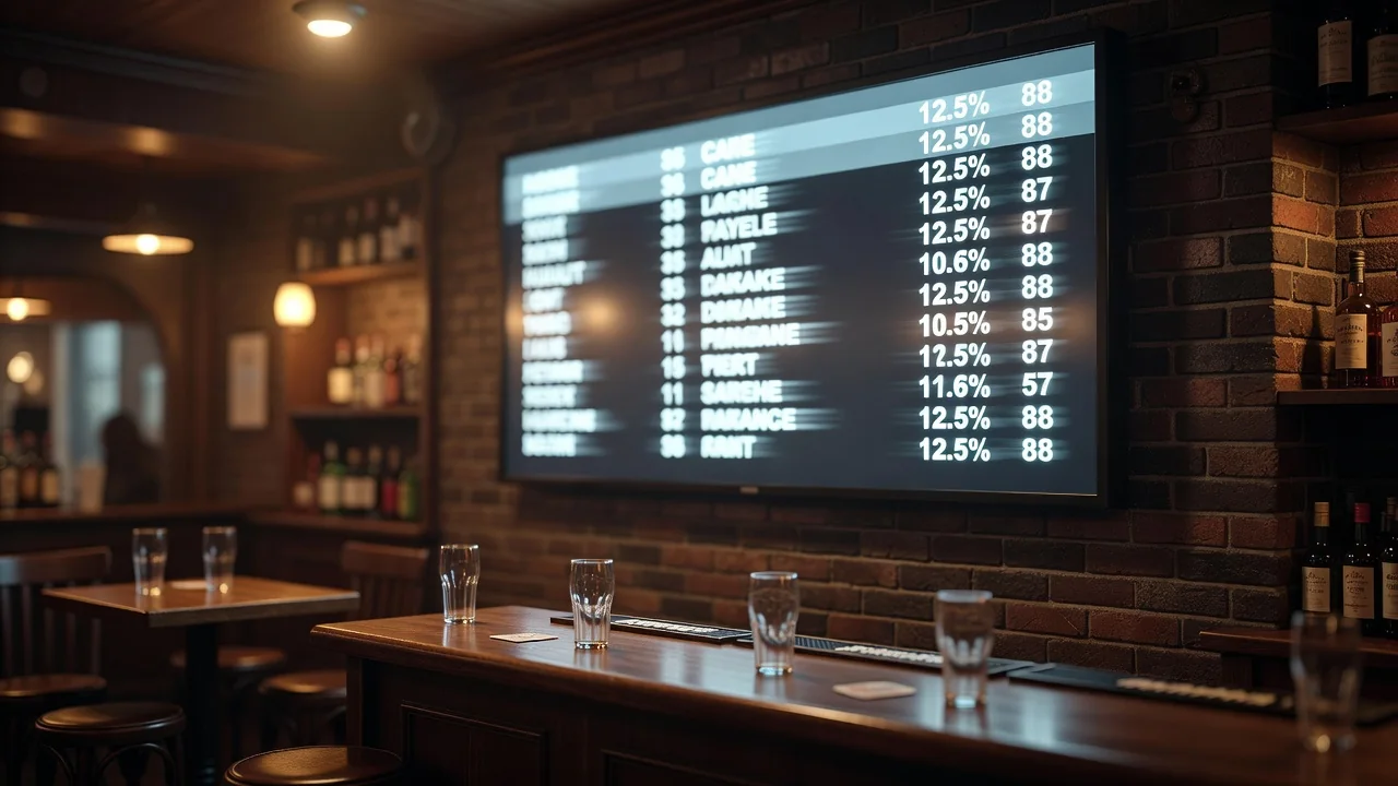 Lavagna luminosa con numeri e percentuali sportive in un pub affollato
