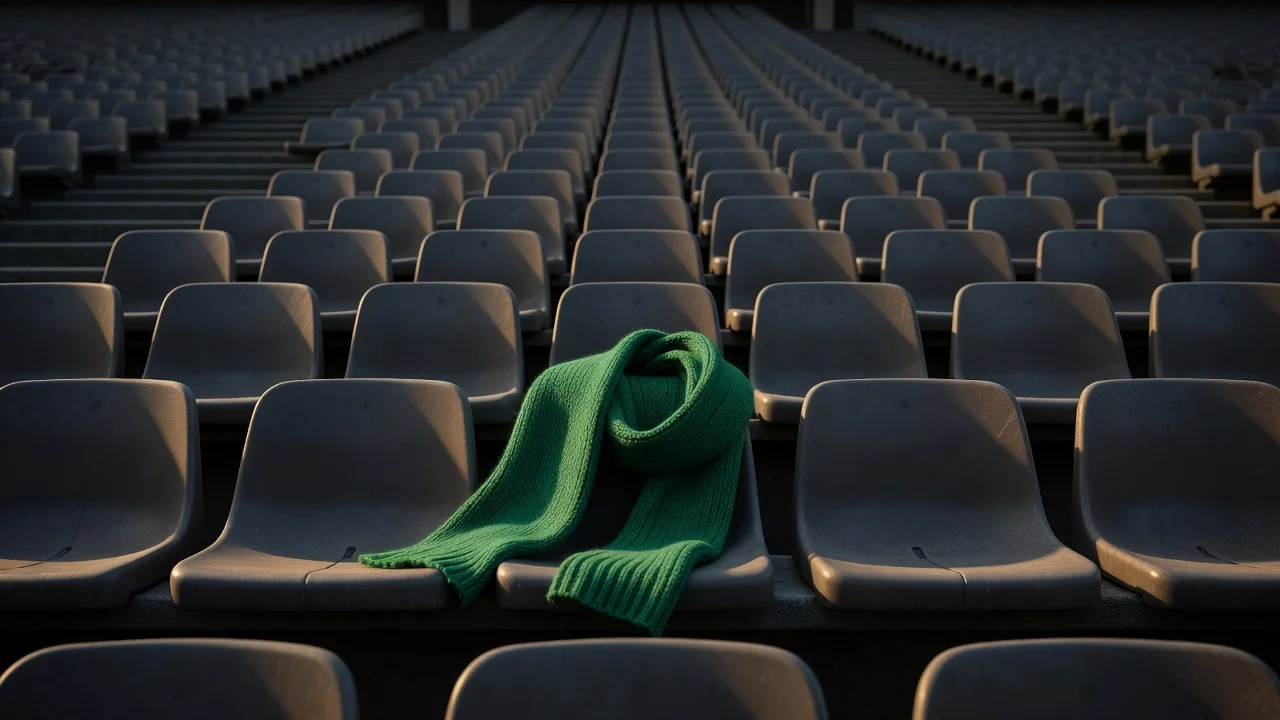 Sciarpa da tifo verde abbandonata sui seggiolini di una tribuna vuota