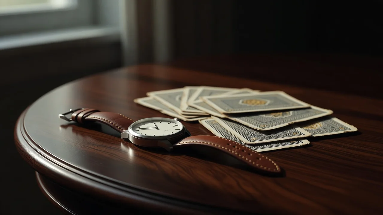 Orologio da polso e carte appoggiati su un tavolo in luce soffusa