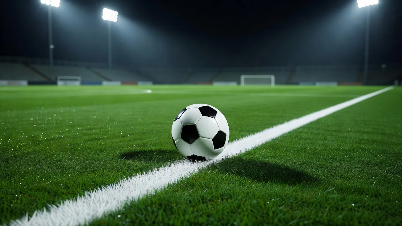 Pallone da calcio fermo sulla linea bianca del campo sotto i riflettori