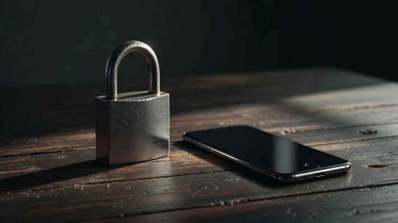 Lucchetto metallico appoggiato accanto a uno smartphone su tavolo scuro