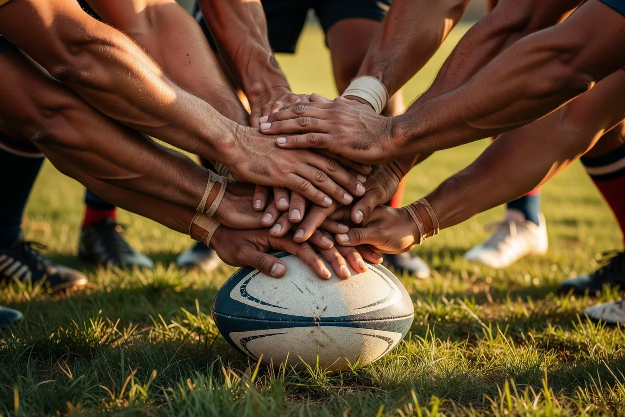 Le mani della squadra unite sopra la palla ovale