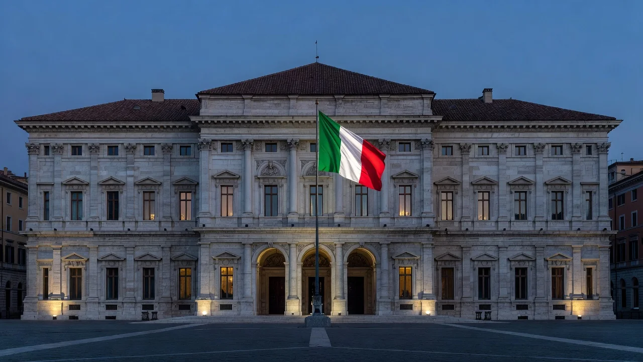 Palazzo istituzionale con bandiera italiana illuminato la sera