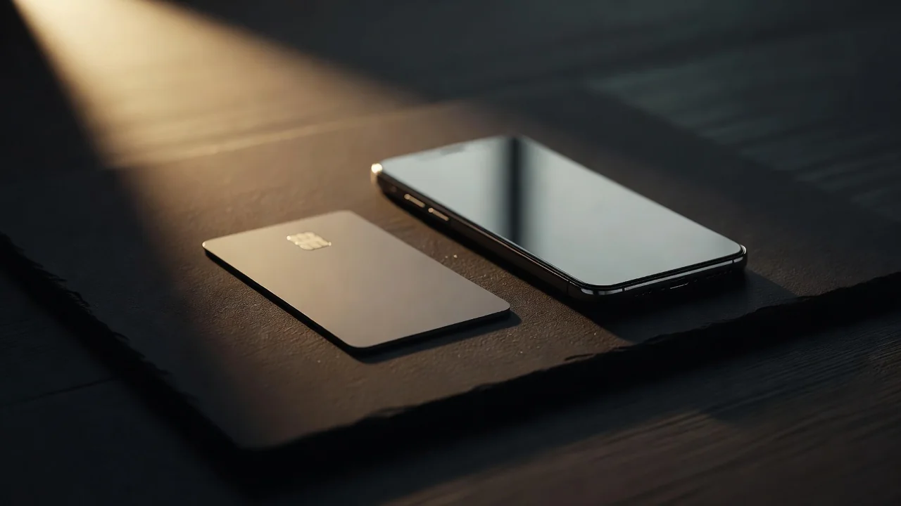 Carta di pagamento e smartphone appoggiati su una superficie scura con luce calda