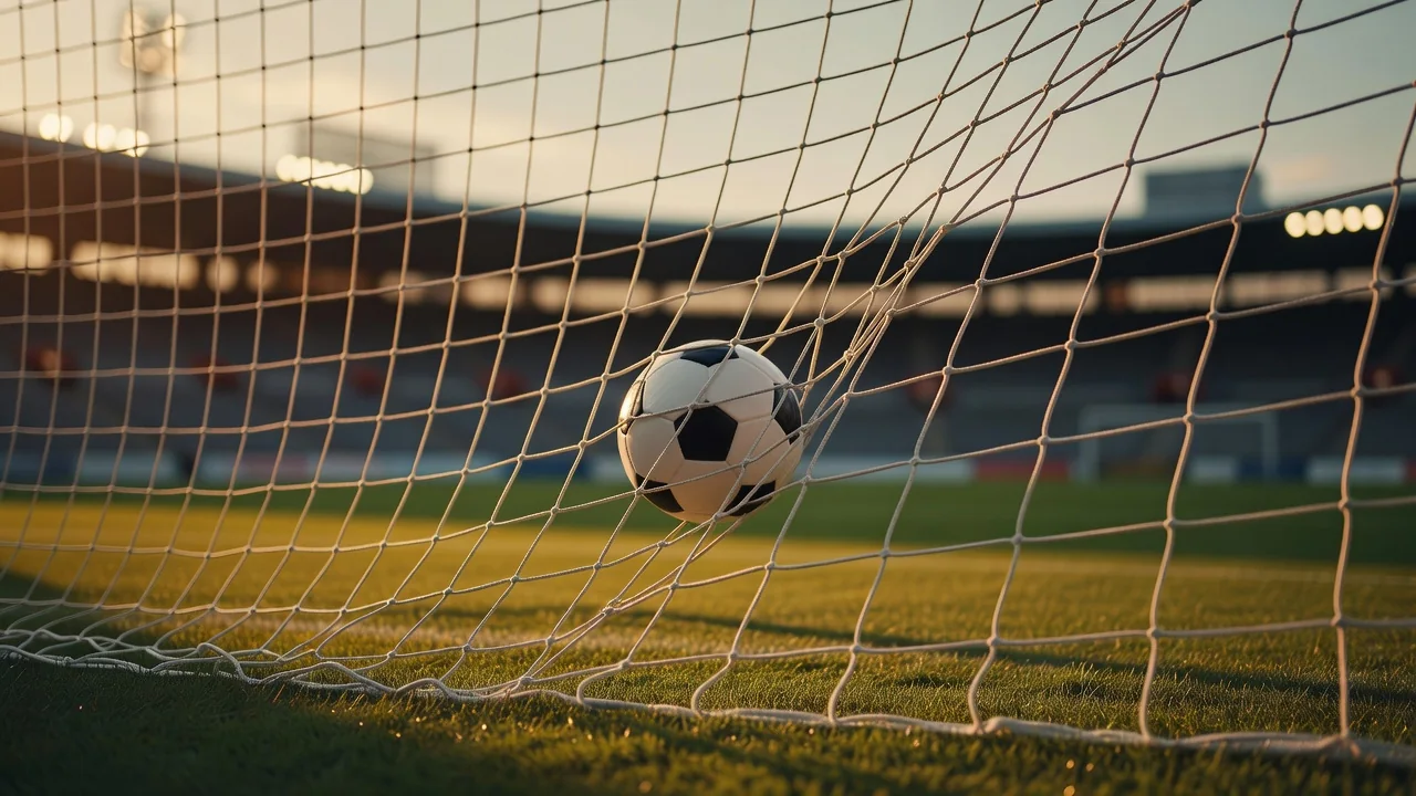 Rete della porta che si gonfia dopo il tiro in uno stadio serale