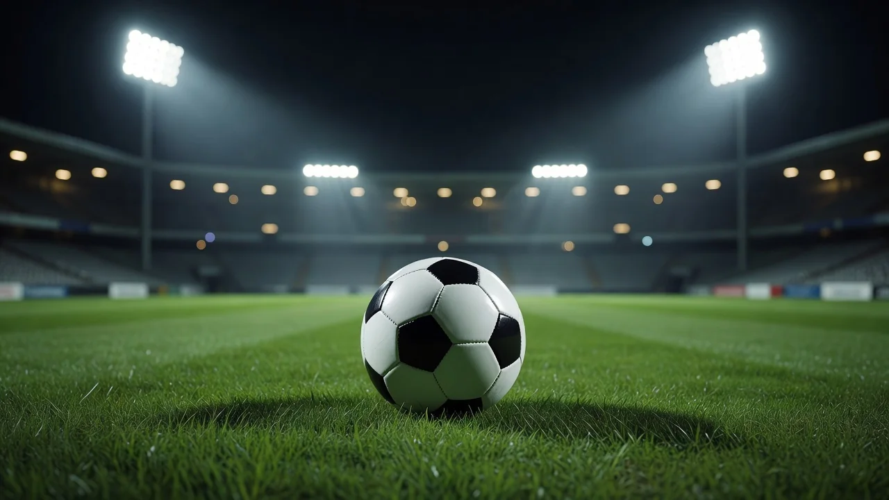 Pallone da calcio sul prato con luci dello stadio sfocate sullo sfondo