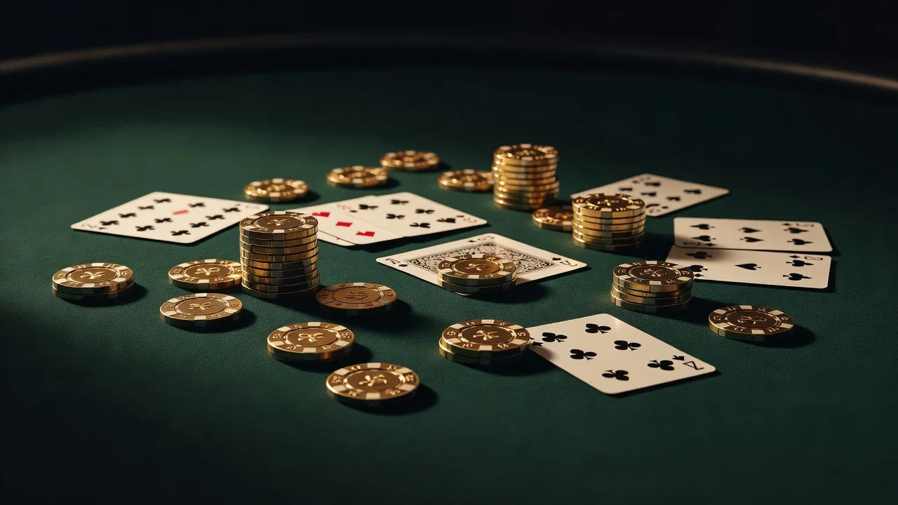 Fiches dorate e carte da gioco su feltro verde scuro