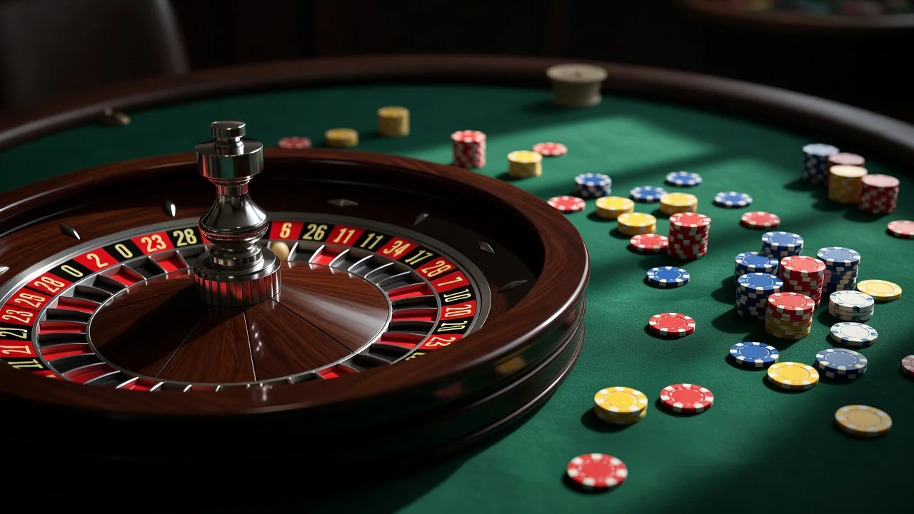 Ruota della roulette in primo piano con fiches sparse sul tavolo