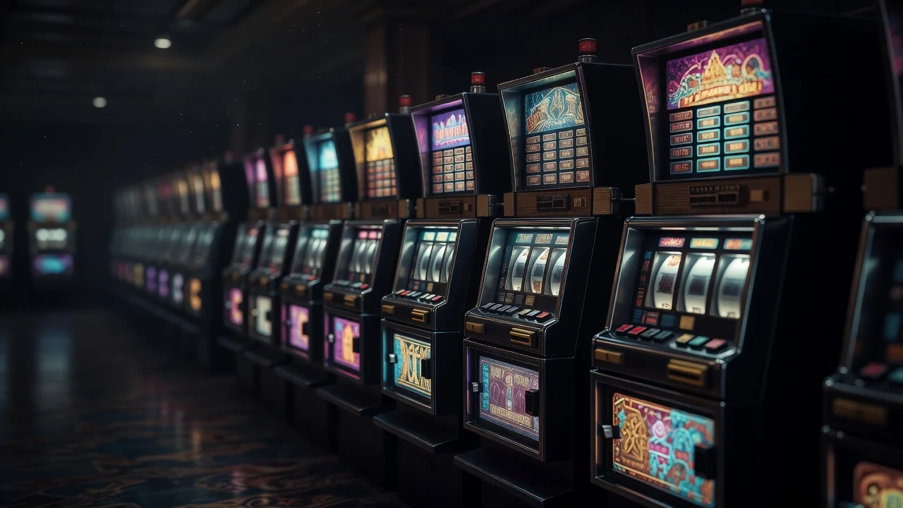 Slot machine illuminate in una sala da gioco in penombra
