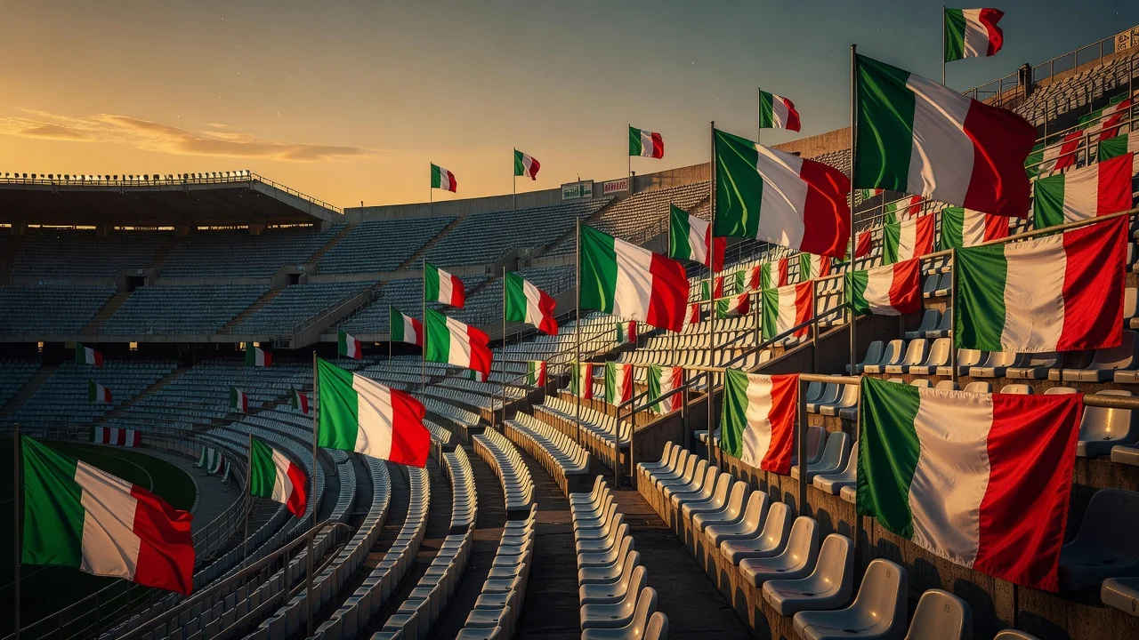 Bandiere italiane sugli spalti di uno stadio in serata