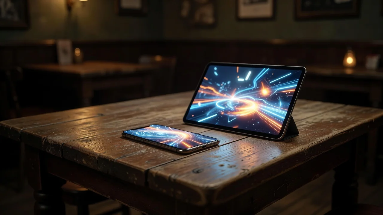 Smartphone e tablet con schermate sportive appoggiati su un tavolo di legno