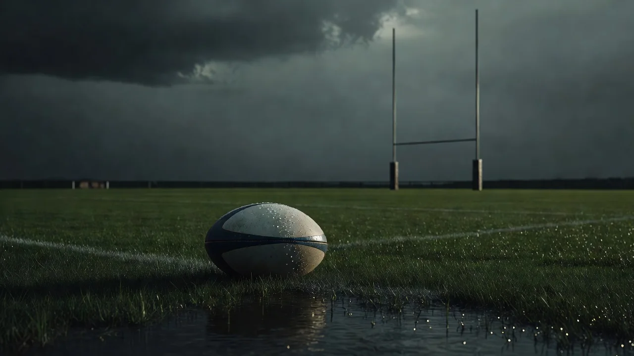 Pallone ovale da rugby sul prato bagnato con i pali sullo sfondo