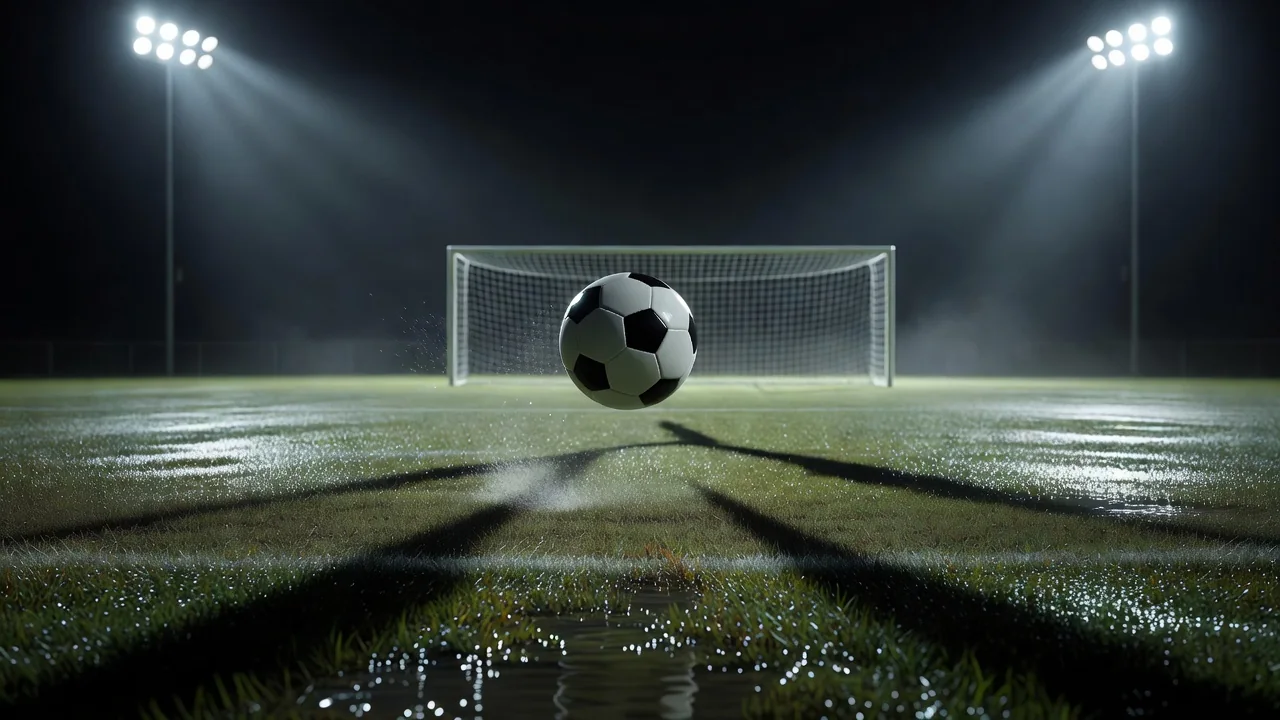 Pallone da calcio che rotola verso la porta su erba bagnata di notte