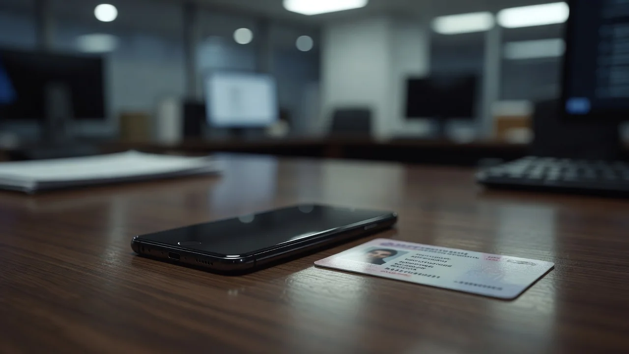 Documento d’identità e telefono appoggiati su una scrivania con luce da ufficio