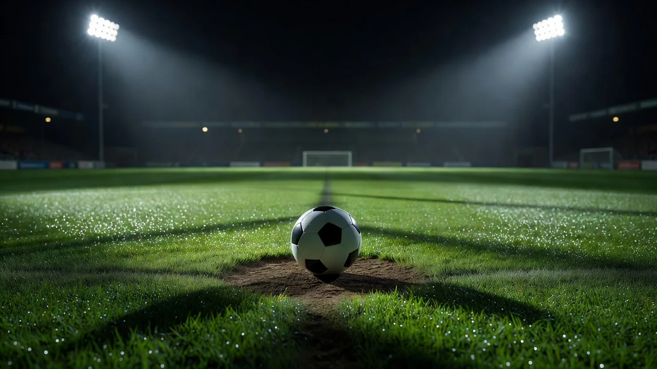 Pallone da calcio sul dischetto sotto i riflettori di notte