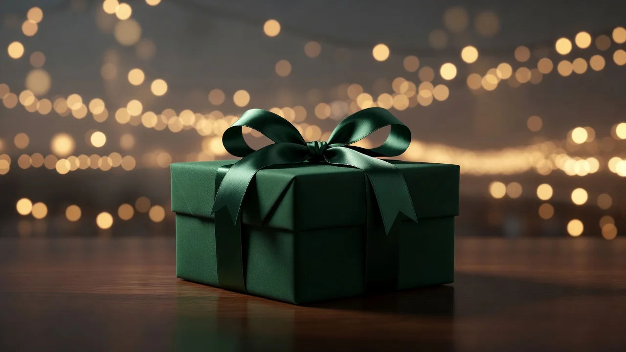Pacco regalo verde scuro su tavolo con luci soffuse sullo sfondo