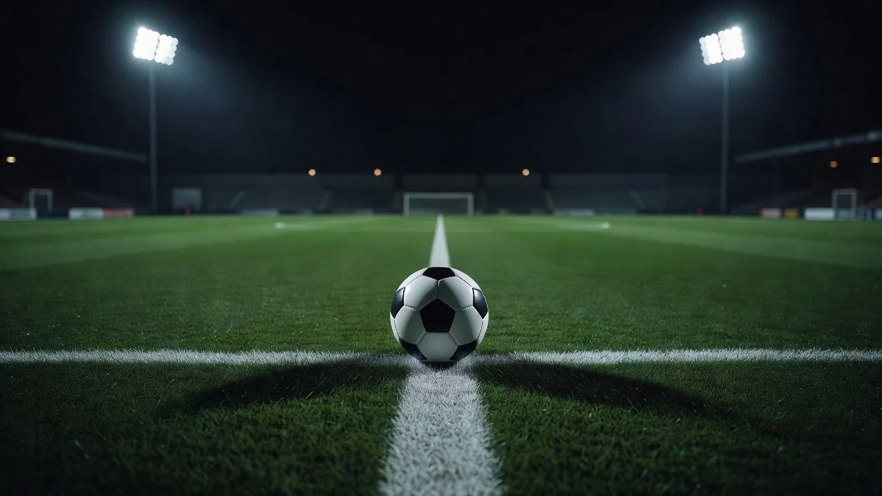Pallone da calcio sulla linea laterale sotto la luce dei riflettori