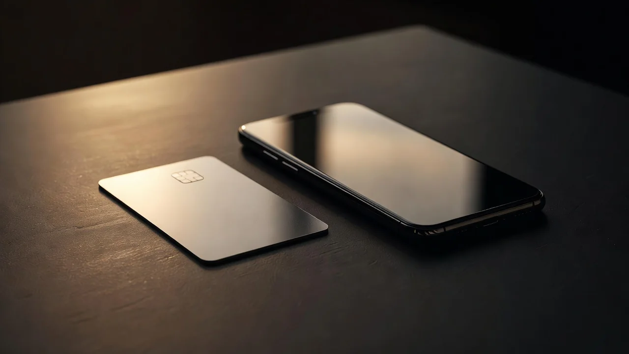 Carta di pagamento e smartphone su superficie scura con luce calda