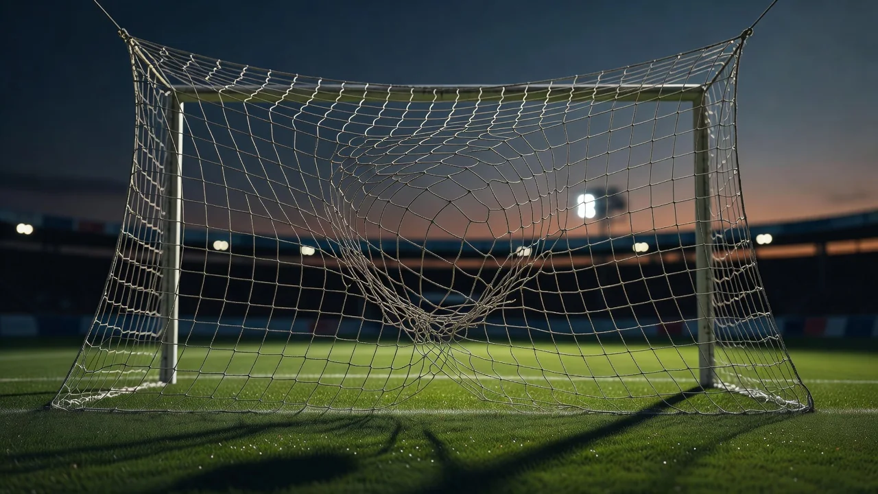 Rete della porta gonfiata dal pallone in primo piano serale