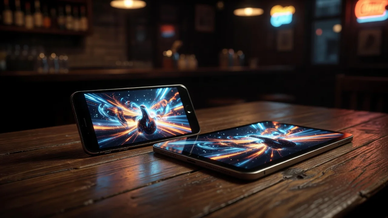 Smartphone e tablet con schermate sportive su tavolo di legno