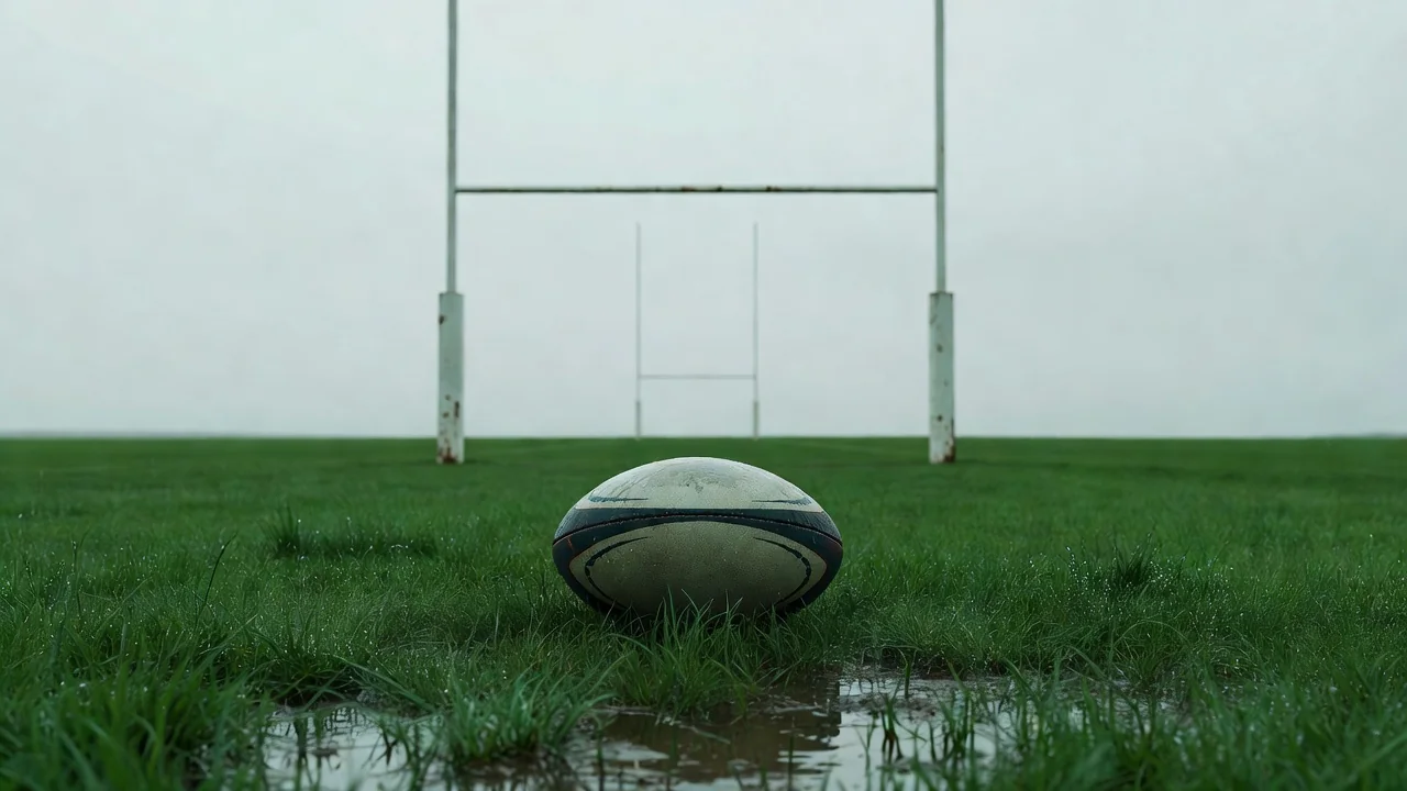 Pallone ovale da rugby sull’erba bagnata davanti ai pali