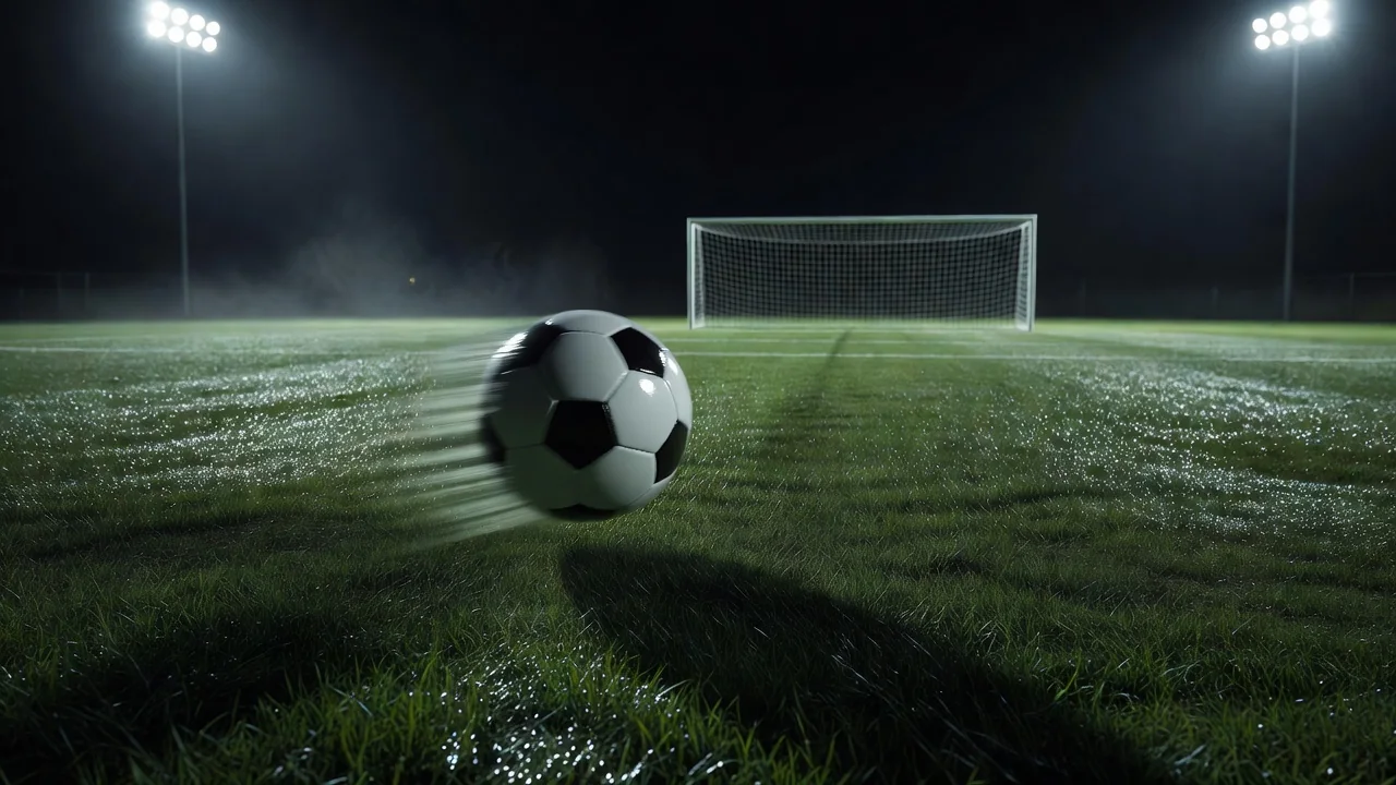 Pallone da calcio che rotola verso la porta su erba bagnata di notte