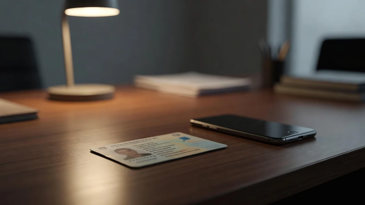 Documento d’identità e telefono su scrivania con luce da ufficio